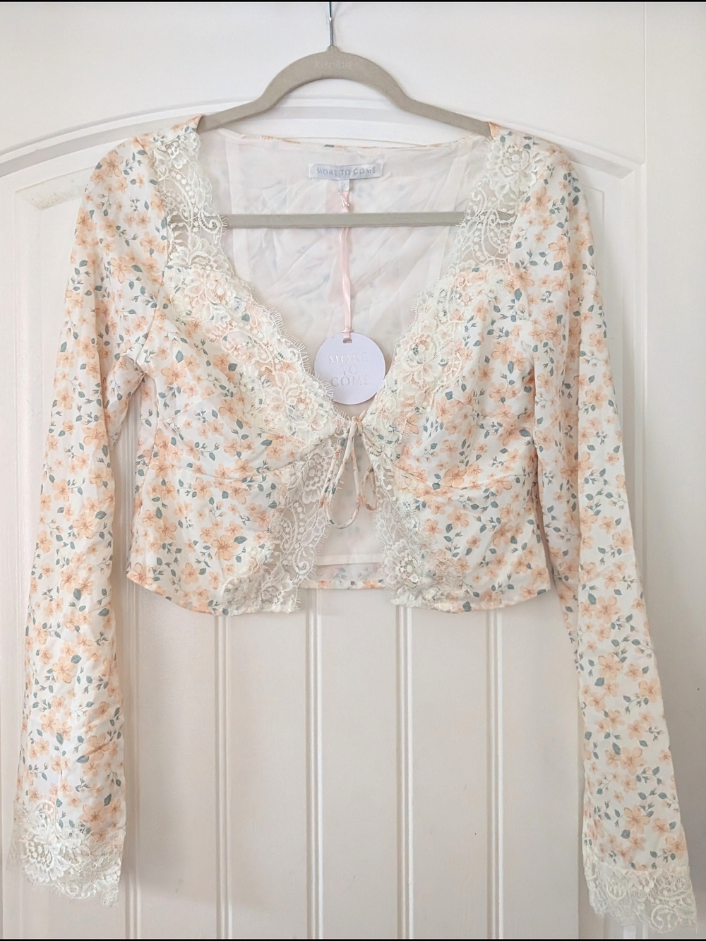 More To Come Cream and Yellow Floral Patterned Lace Trim Tie Front Crop Top